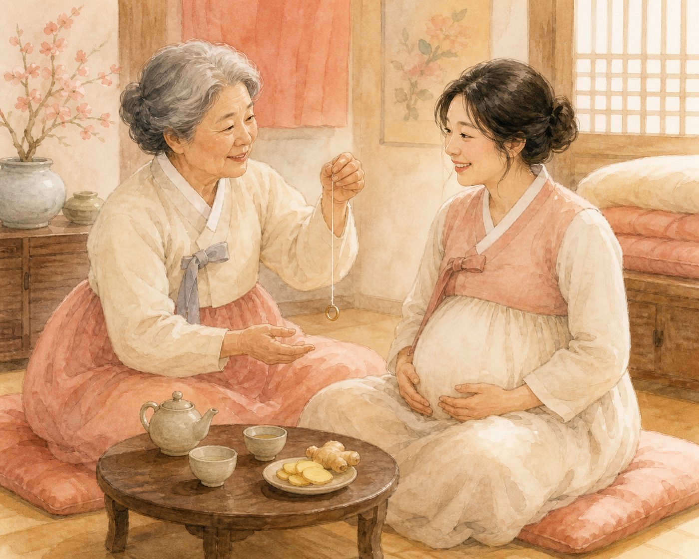 할머니가 예비 엄마에게 임신 속설을 전해주는 일러스트